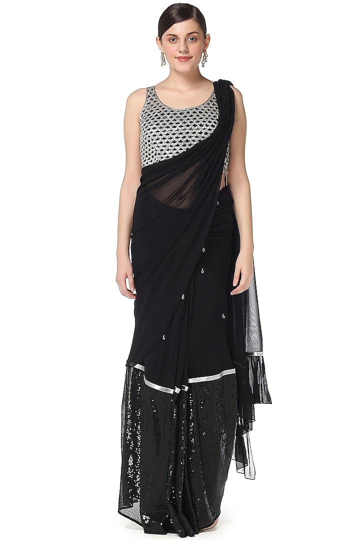 Black Hand Embroidered Pre-Stitched Wedding Saree Set by Rabani & Rakha at Pernia's Pop Up Shop