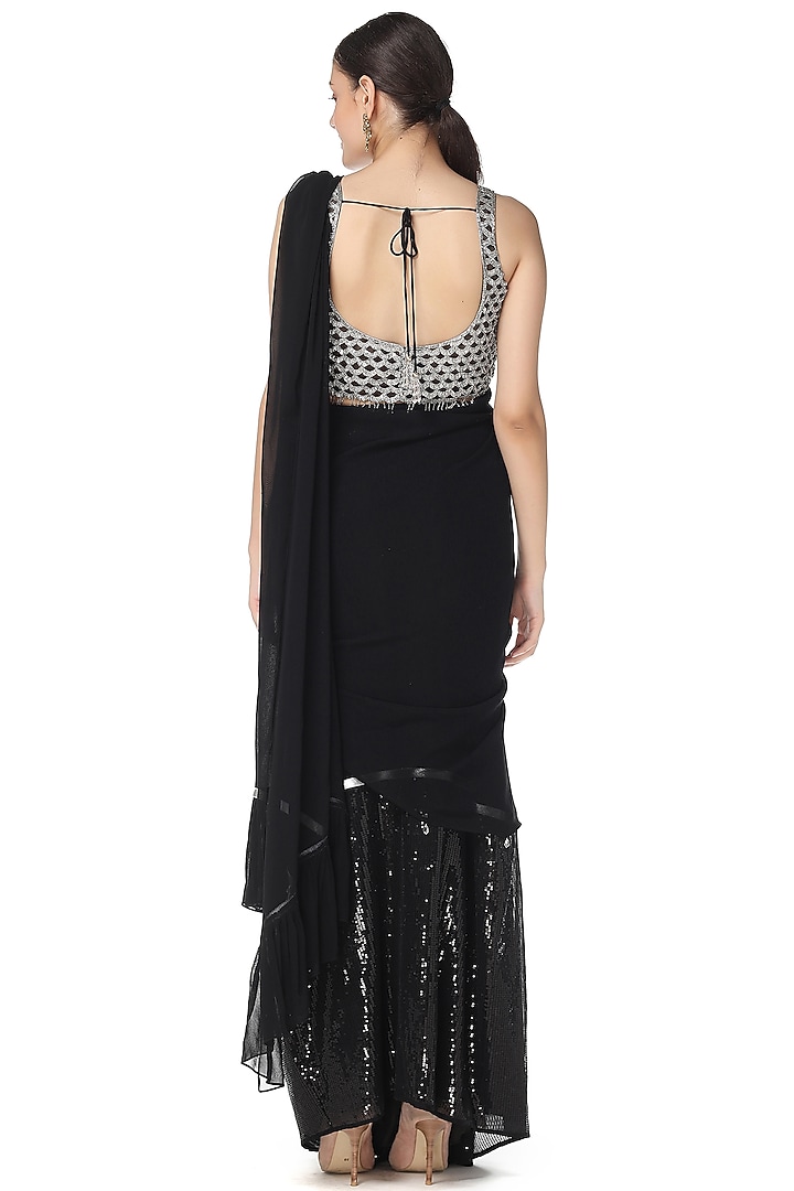 Black Hand Embroidered Pre-Stitched Wedding Saree Set by Rabani & Rakha at Pernia's Pop Up Shop