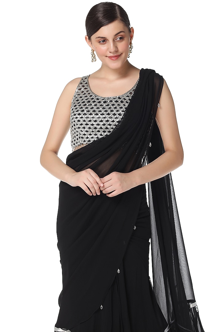Black Hand Embroidered Pre-Stitched Wedding Saree Set by Rabani & Rakha at Pernia's Pop Up Shop