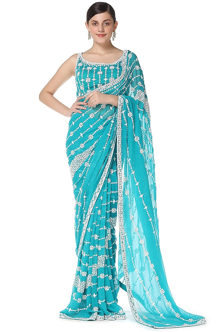 Turquoise Blue Chiffon Hand Embroidered Reception Saree Set by Rabani & Rakha at Pernia's Pop Up Shop
