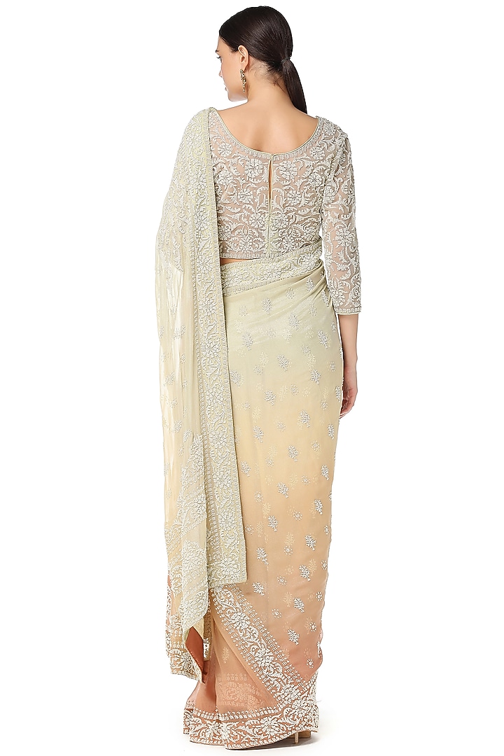 Sage Green & Salmon Pink Embroidered Reception Saree Set by Rabani & Rakha at Pernia's Pop Up Shop