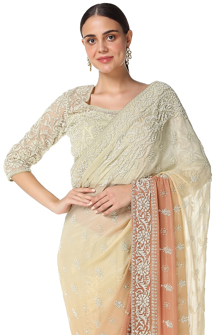 Sage Green & Salmon Pink Embroidered Reception Saree Set by Rabani & Rakha at Pernia's Pop Up Shop