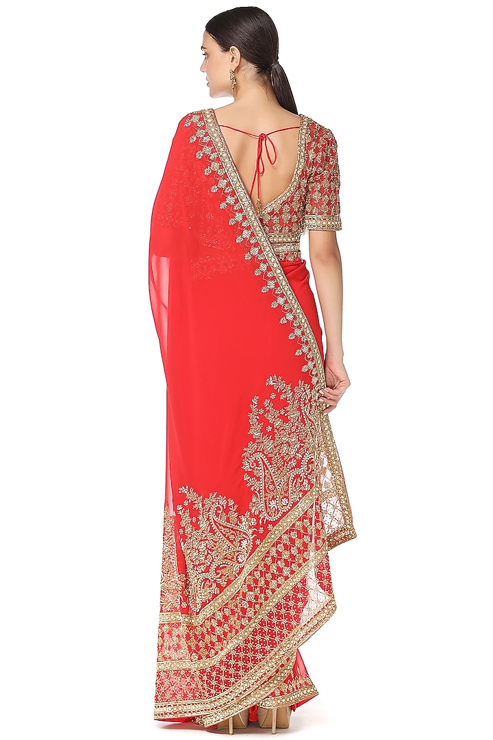 Red Hand Embroidered Reception Saree Set by Rabani & Rakha at Pernia's Pop Up Shop