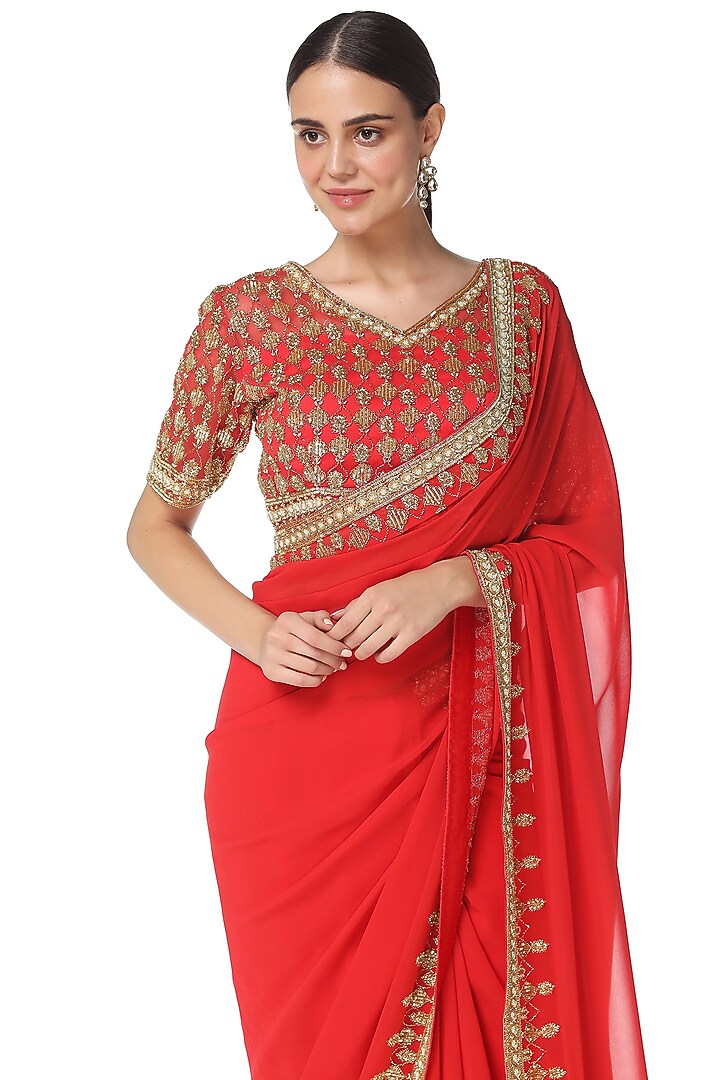 Red Hand Embroidered Reception Saree Set by Rabani & Rakha at Pernia's Pop Up Shop