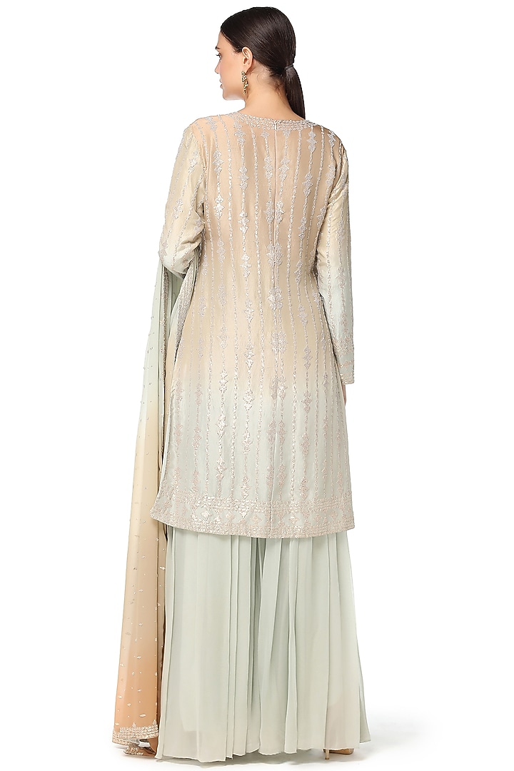 Sage Green & Salmon Pink Embroidered Bridal Sharara Set by Rabani & Rakha at Pernia's Pop Up Shop