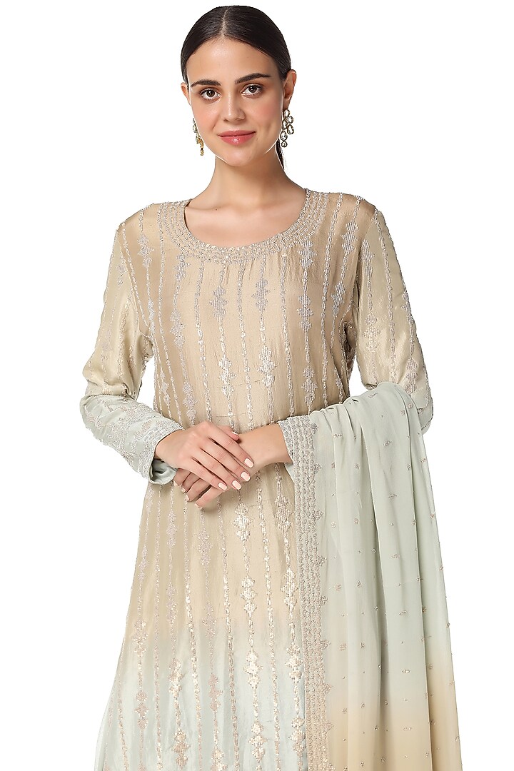 Sage Green & Salmon Pink Embroidered Bridal Sharara Set by Rabani & Rakha at Pernia's Pop Up Shop