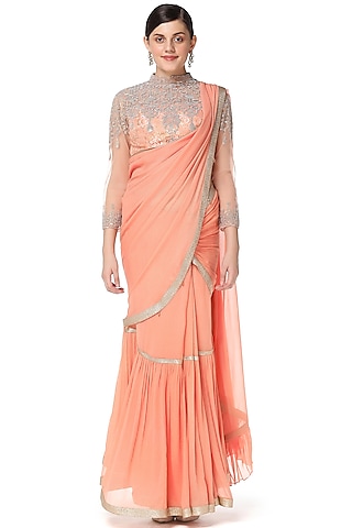 Peach Georgette Sequins Hand Embroidered Lehenga Saree Set by Rabani & Rakha
