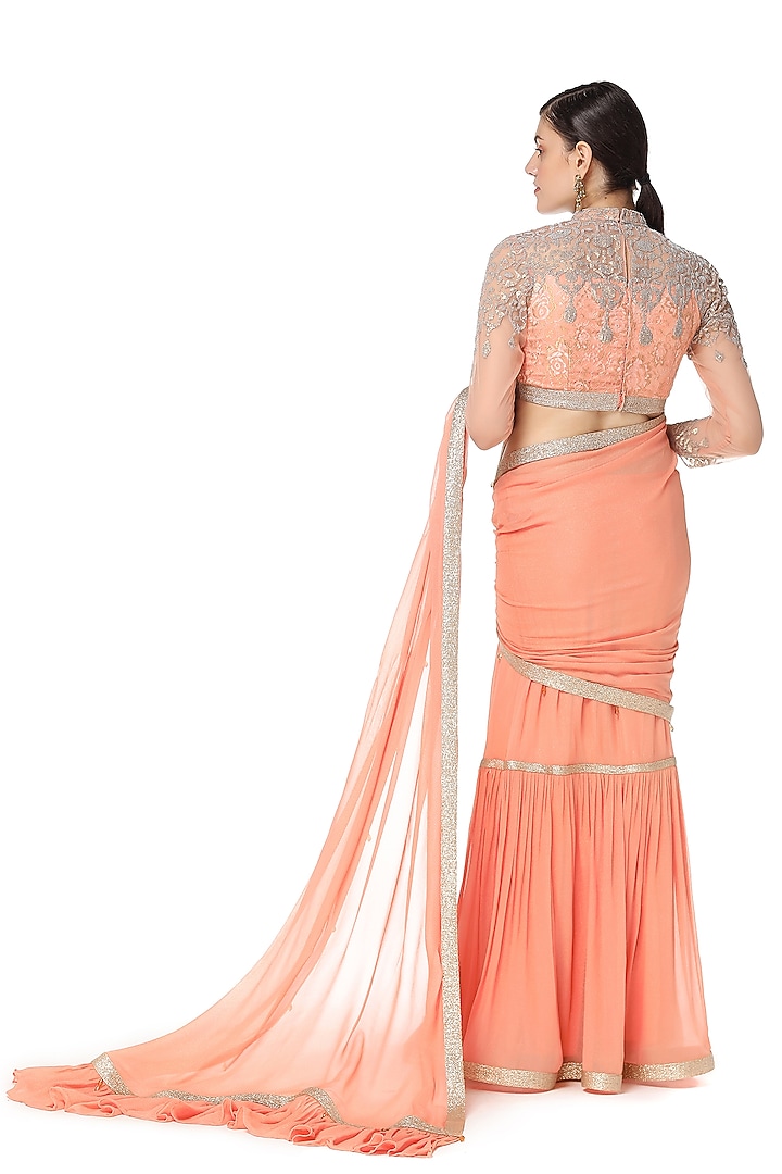 Peach Georgette Sequins Hand Embroidered Wedding Lehenga Saree Set by Rabani & Rakha at Pernia's Pop Up Shop
