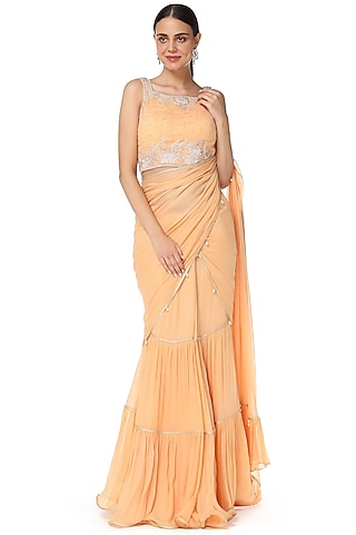 Mango Yellow Georgette Pearl Embroidered Lehenga Saree by Rabani & Rakha