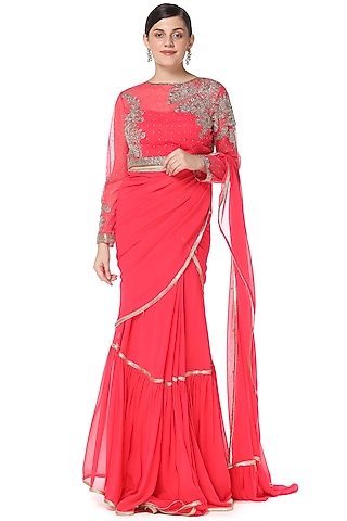 Melon Pink Georgette Frilled Hand Embroidered Lehenga Saree Set by Rabani & Rakha