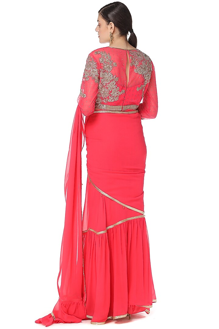 Melon Pink Georgette Frilled Hand Embroidered Wedding Lehenga Saree Set by Rabani & Rakha at Pernia's Pop Up Shop