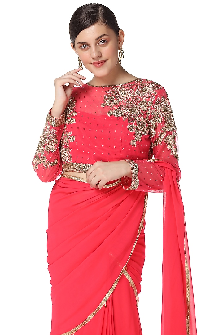 Melon Pink Georgette Frilled Hand Embroidered Wedding Lehenga Saree Set by Rabani & Rakha at Pernia's Pop Up Shop