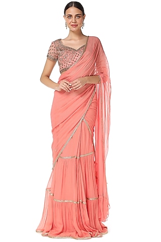 Pink Georgette Frilled Hand Embroidered Lehenga Saree Set by Rabani & Rakha