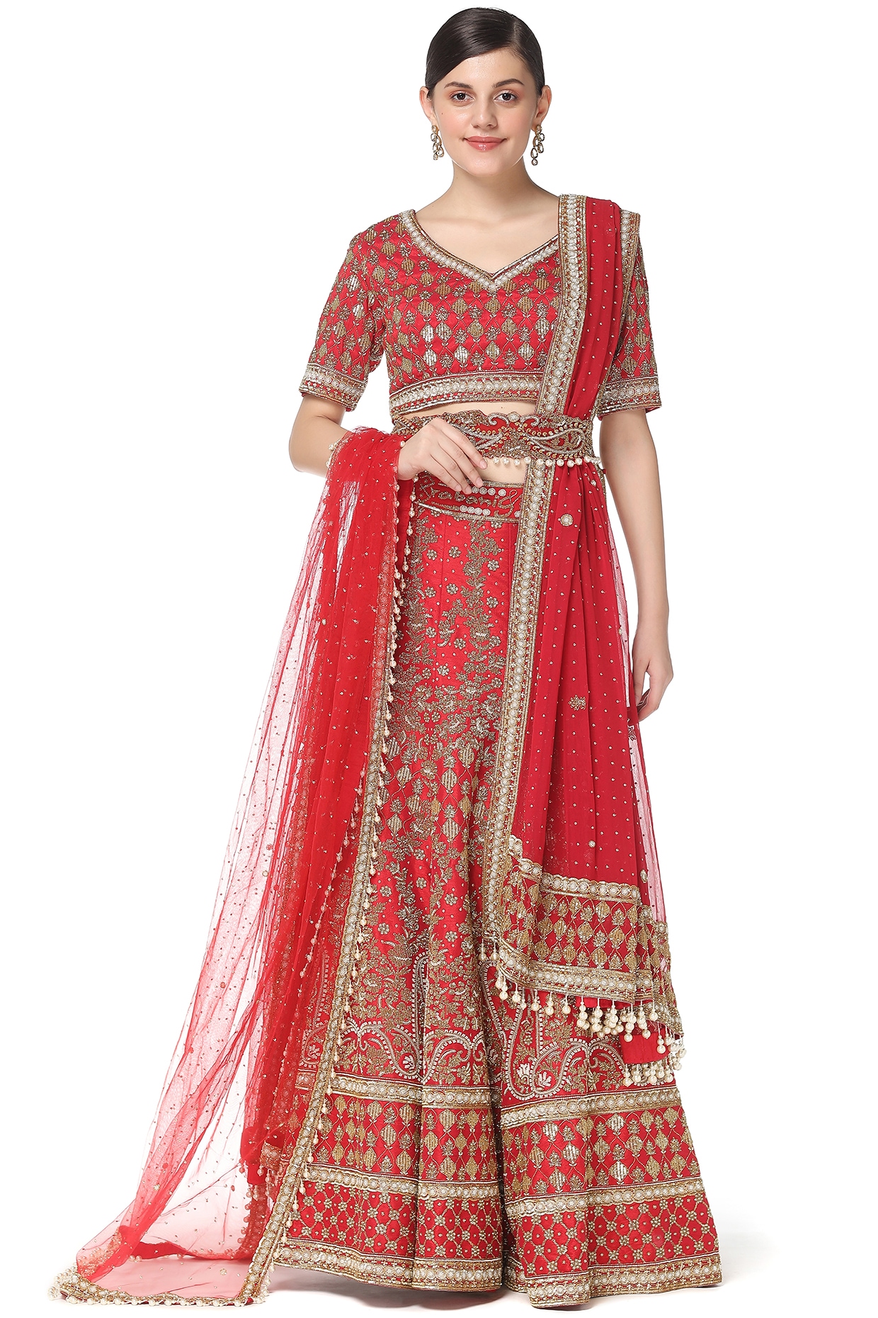 Rabani & Rakha Red Hand Embroidered Bridal Lehenga Set