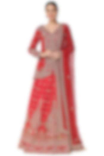 Red 3D Embroidered Bridal Lehenga Set by Rabani & Rakha