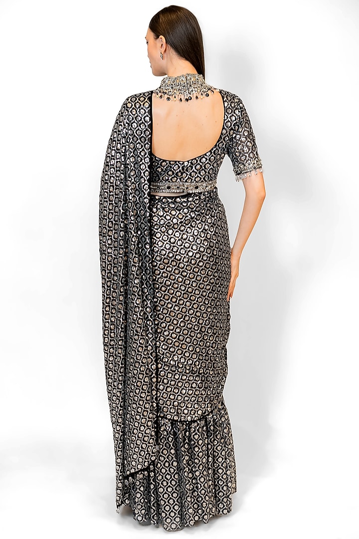 Black Georgette Embroidered Pre-Stitched Reception Saree Set by Rabani & Rakha at Pernia's Pop Up Shop