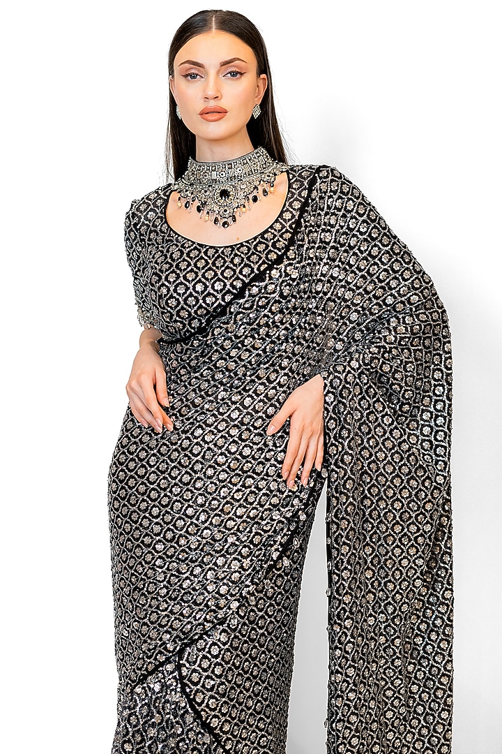 Black Georgette Embroidered Pre-Stitched Reception Saree Set by Rabani & Rakha at Pernia's Pop Up Shop