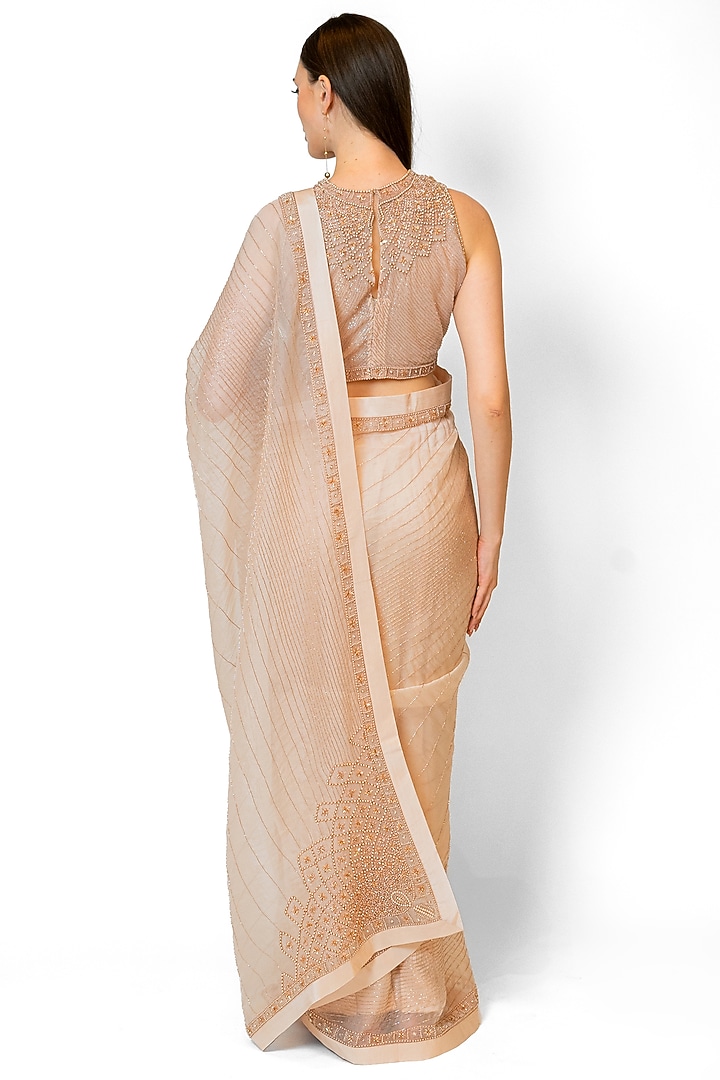 Blush Pink Organza Embroidered Reception Saree Set by Rabani & Rakha at Pernia's Pop Up Shop