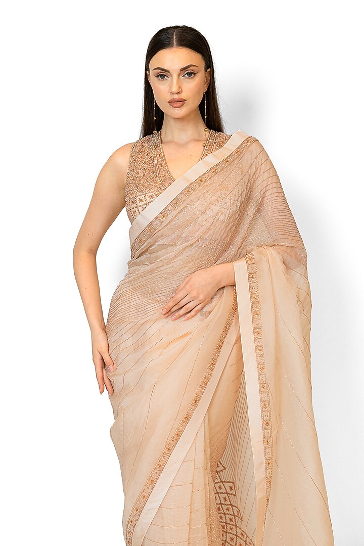 Blush Pink Organza Embroidered Reception Saree Set by Rabani & Rakha at Pernia's Pop Up Shop