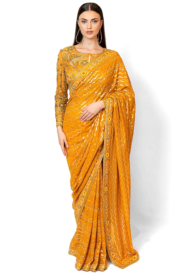 Mustard Yellow Georgette Embroidered Bridal Saree Set by Rabani & Rakha at Pernia's Pop Up Shop