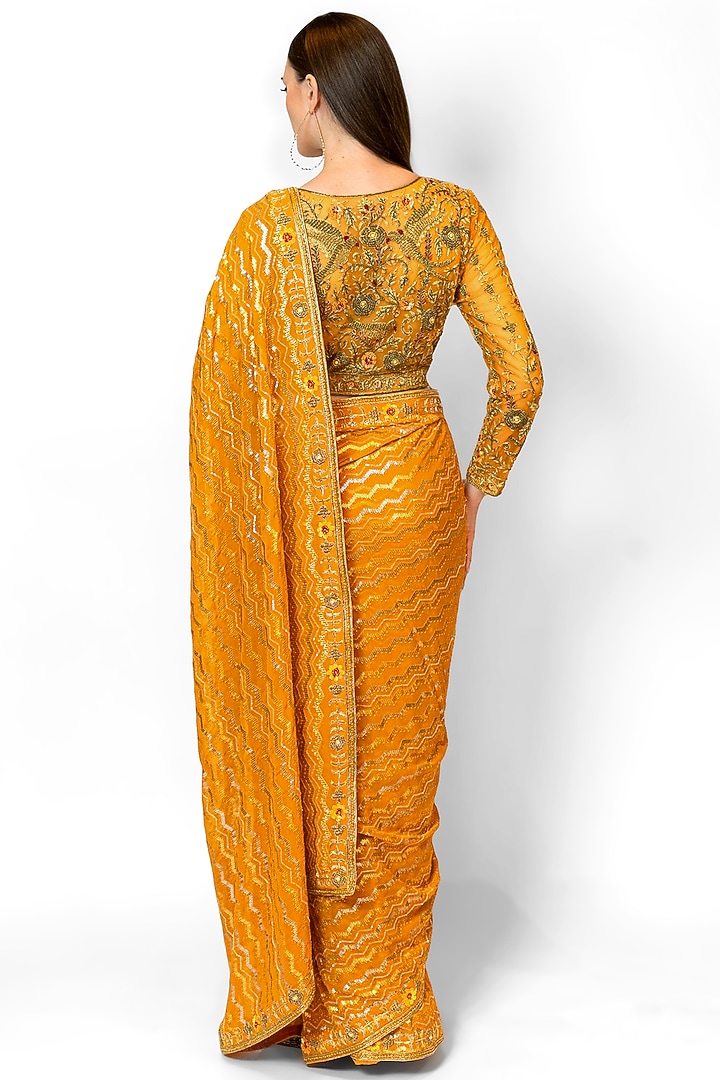 Mustard Yellow Georgette Embroidered Bridal Saree Set by Rabani & Rakha at Pernia's Pop Up Shop