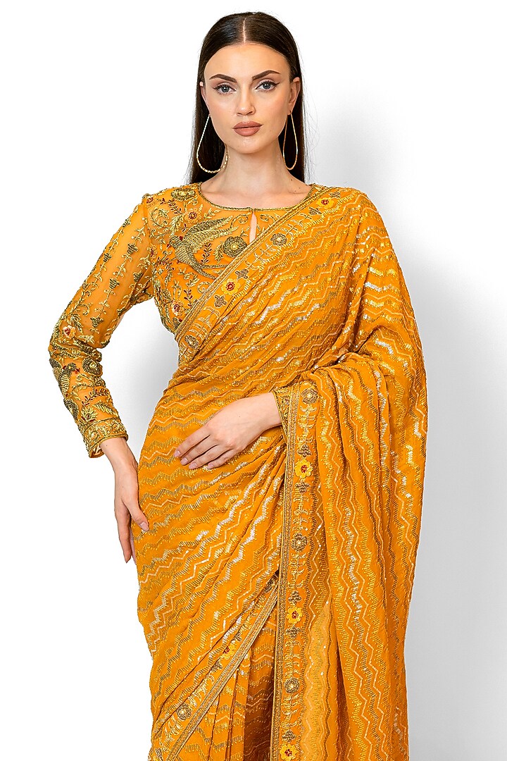 Mustard Yellow Georgette Embroidered Bridal Saree Set by Rabani & Rakha at Pernia's Pop Up Shop