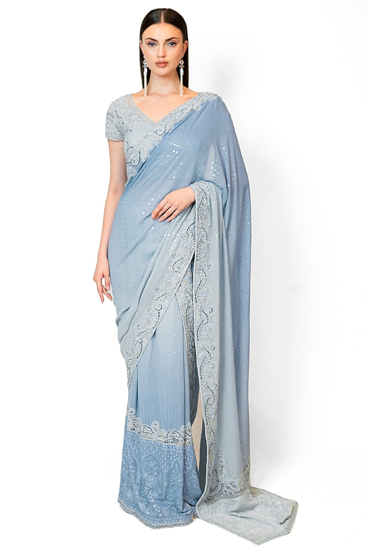 Ice Blue Georgette Embroidered Bridal Saree Set by Rabani & Rakha at Pernia's Pop Up Shop