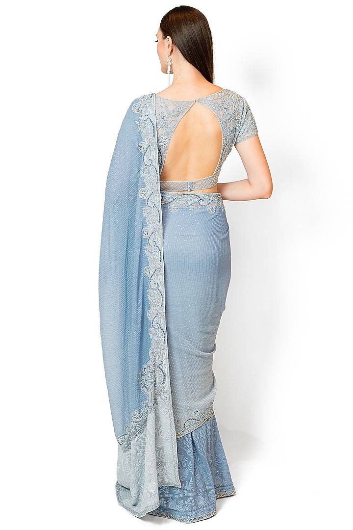 Ice Blue Georgette Embroidered Bridal Saree Set by Rabani & Rakha at Pernia's Pop Up Shop