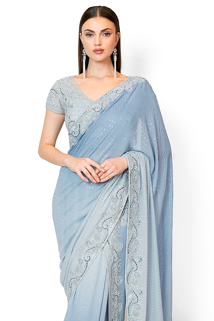 Ice Blue Georgette Embroidered Bridal Saree Set by Rabani & Rakha at Pernia's Pop Up Shop