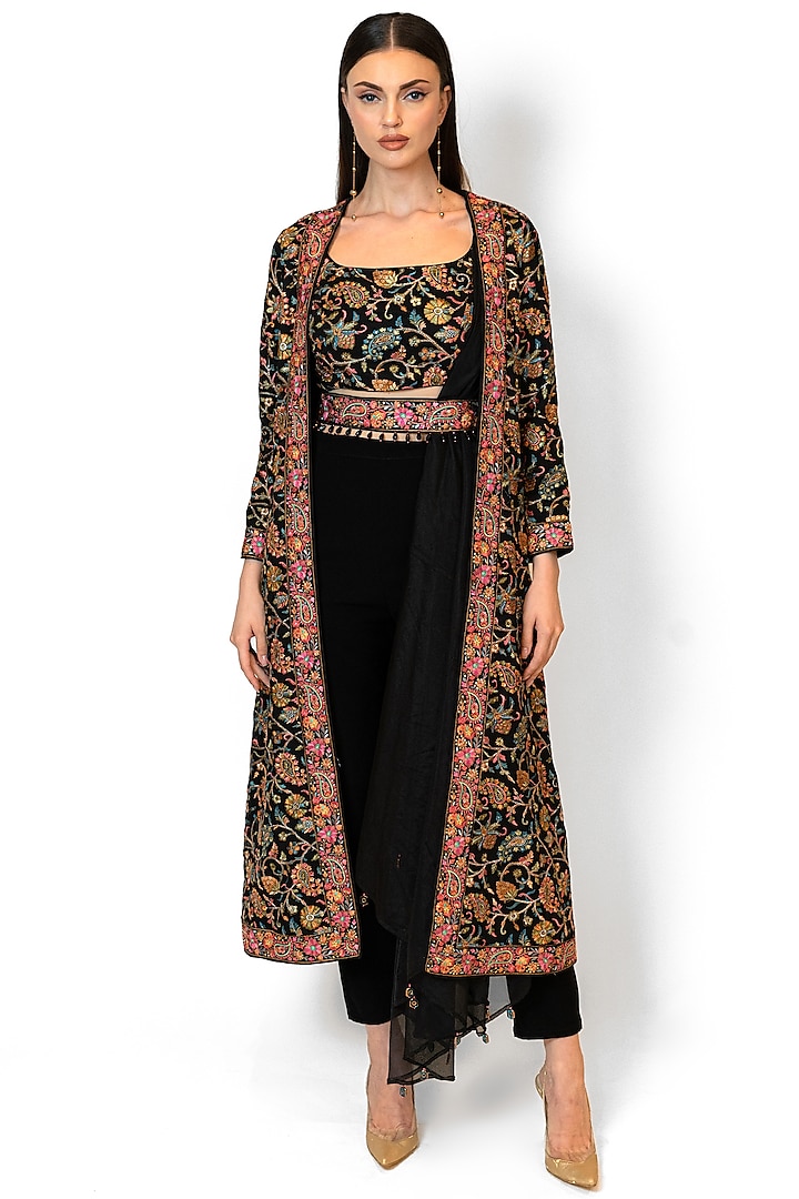 Black Georgette & Lycra Embroidered Jacket Set by Rabani & Rakha at Pernia's Pop Up Shop