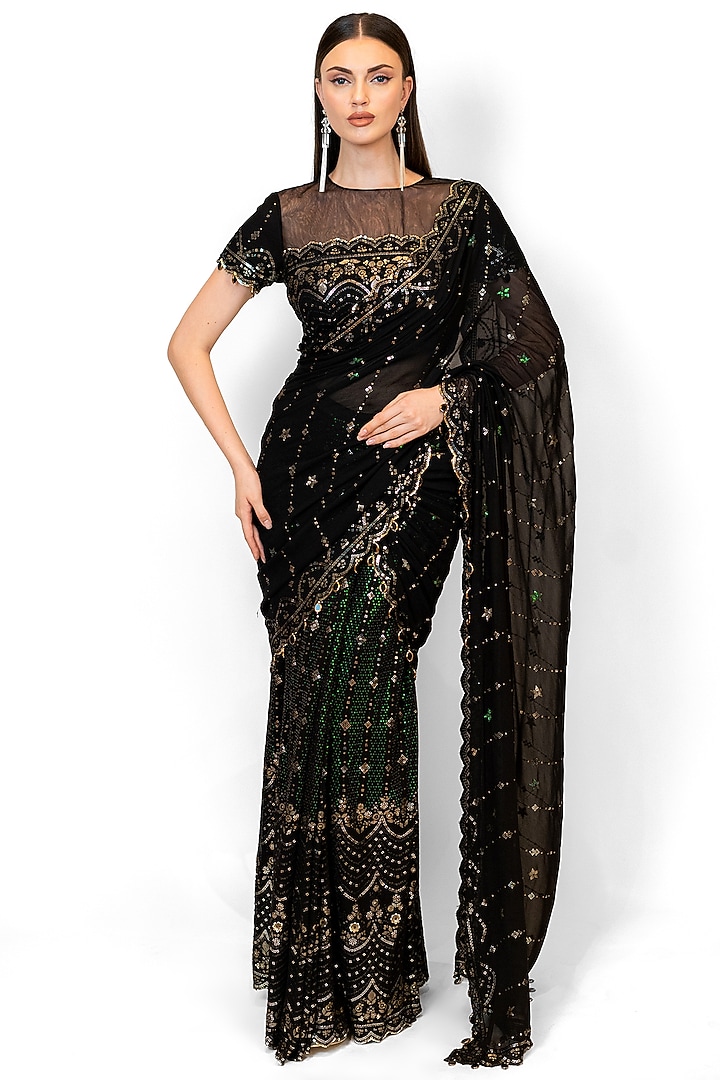 Black Georgette Embroidered Pre-Stitched Reception Saree Set by Rabani & Rakha at Pernia's Pop Up Shop