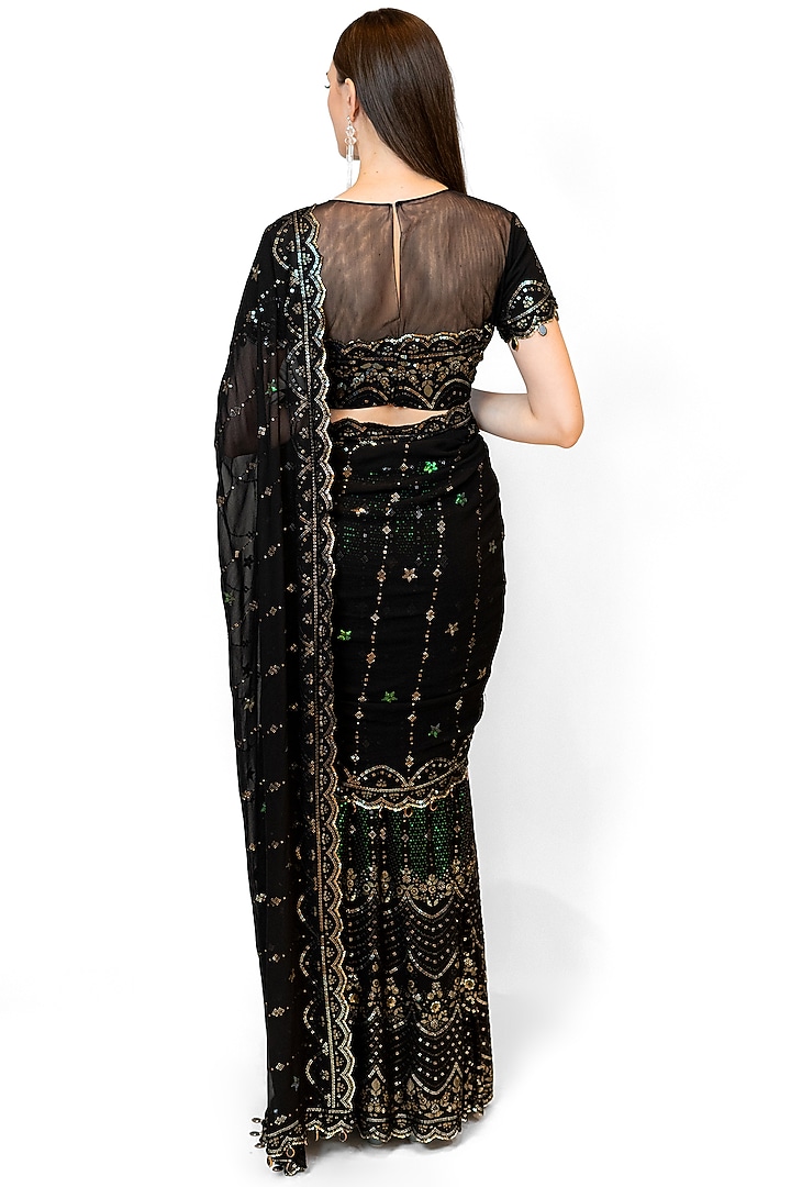 Black Georgette Embroidered Pre-Stitched Reception Saree Set by Rabani & Rakha at Pernia's Pop Up Shop