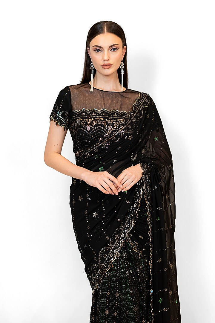 Black Georgette Embroidered Pre-Stitched Reception Saree Set by Rabani & Rakha at Pernia's Pop Up Shop