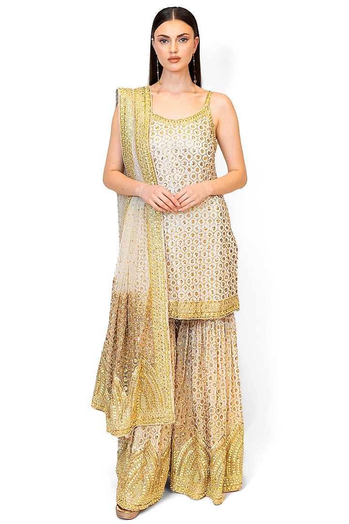 Ivory Georgette Embroidered Bridal Sharara Set by Rabani & Rakha at Pernia's Pop Up Shop