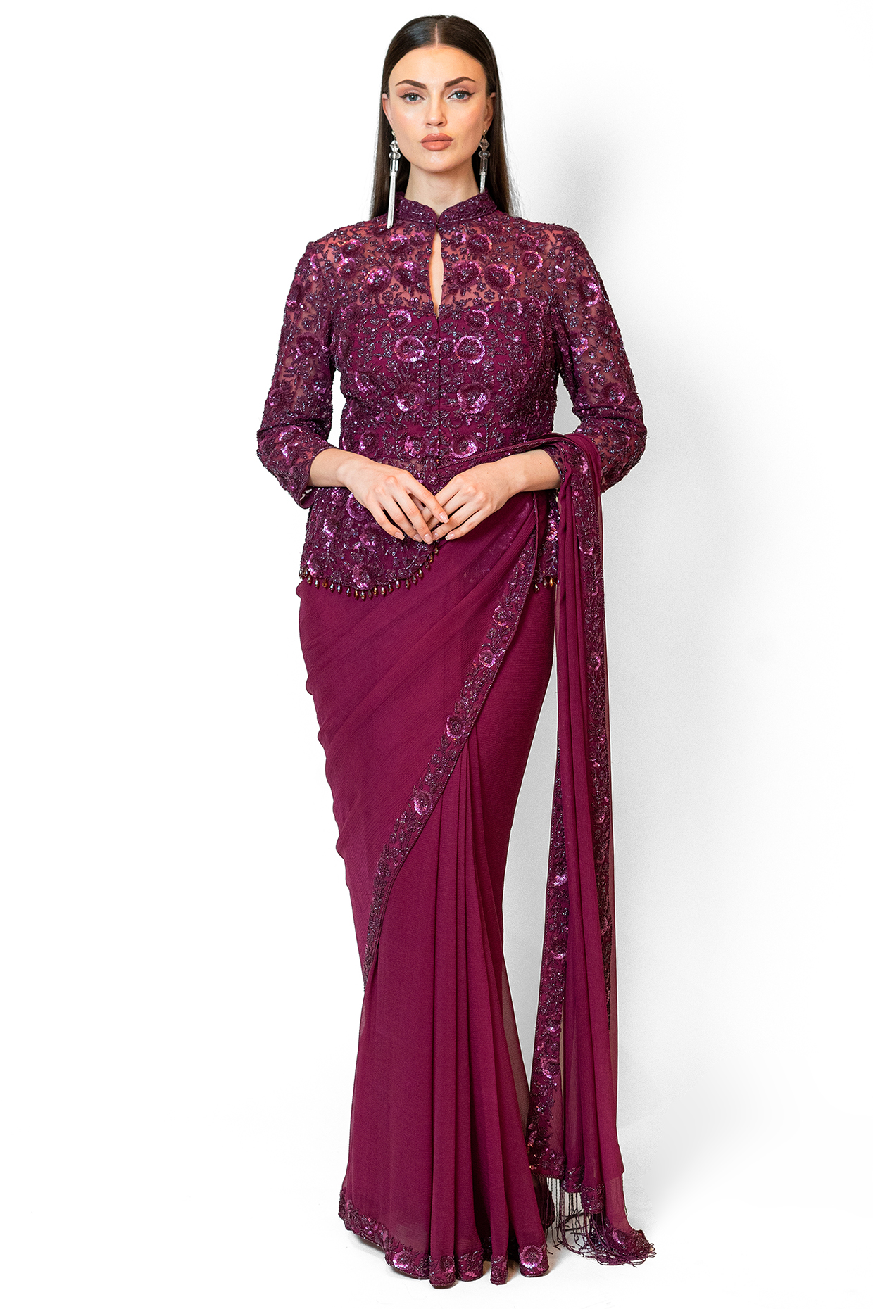 Wine Chiffon & Net Embroidered Jacket Reception Saree Set by Rabani & Rakha at Pernia's Pop Up Shop