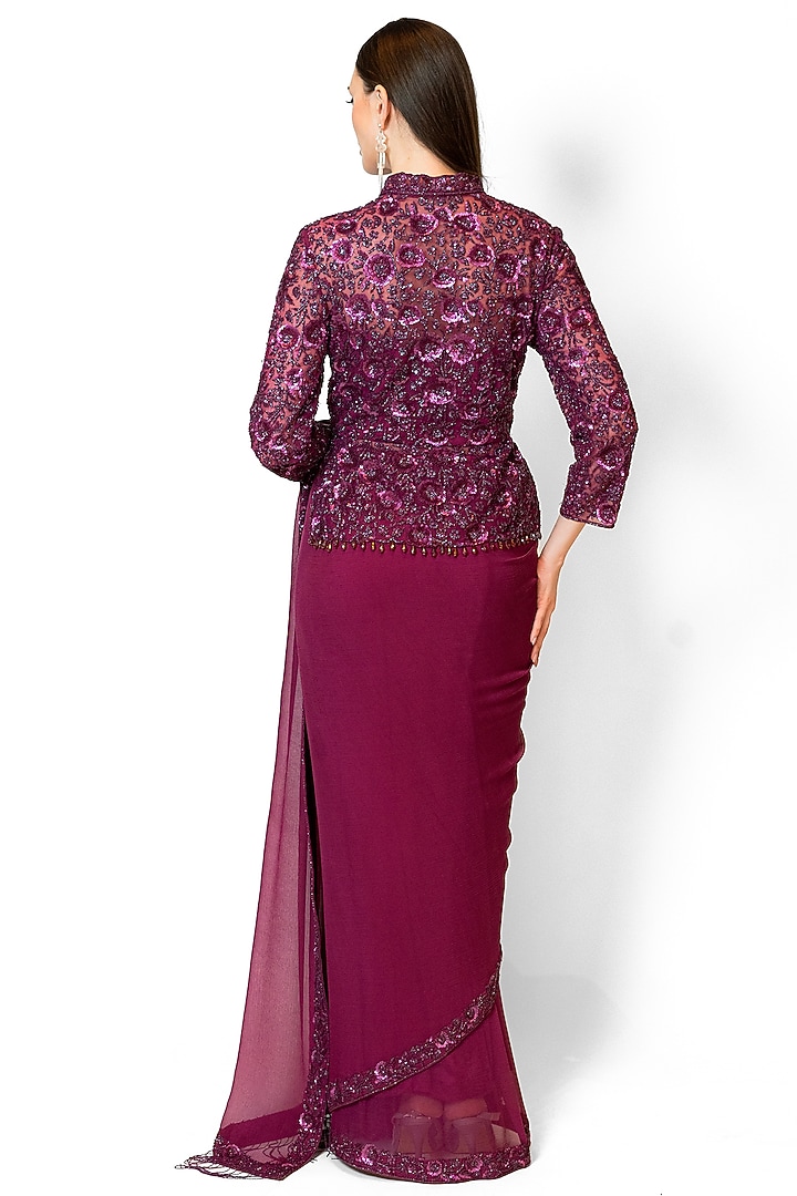 Wine Chiffon & Net Embroidered Jacket Reception Saree Set by Rabani & Rakha at Pernia's Pop Up Shop