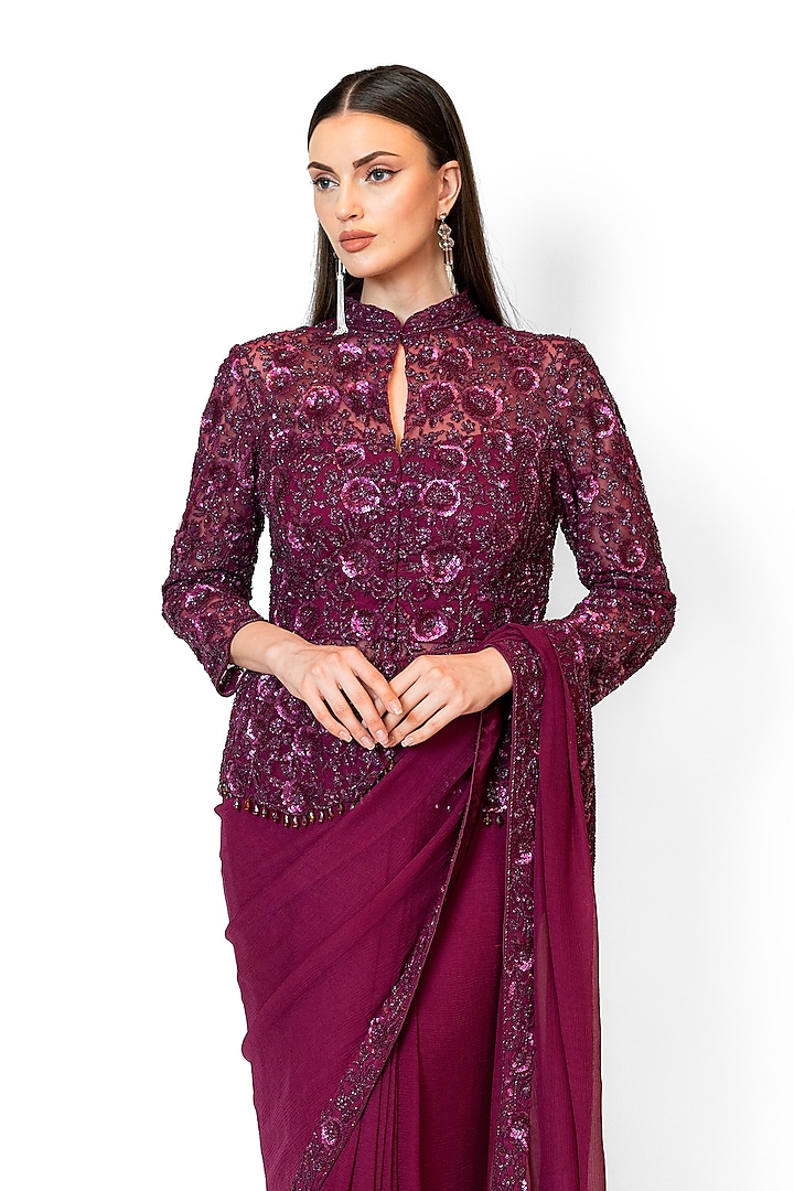 Wine Chiffon & Net Embroidered Jacket Reception Saree Set by Rabani & Rakha at Pernia's Pop Up Shop