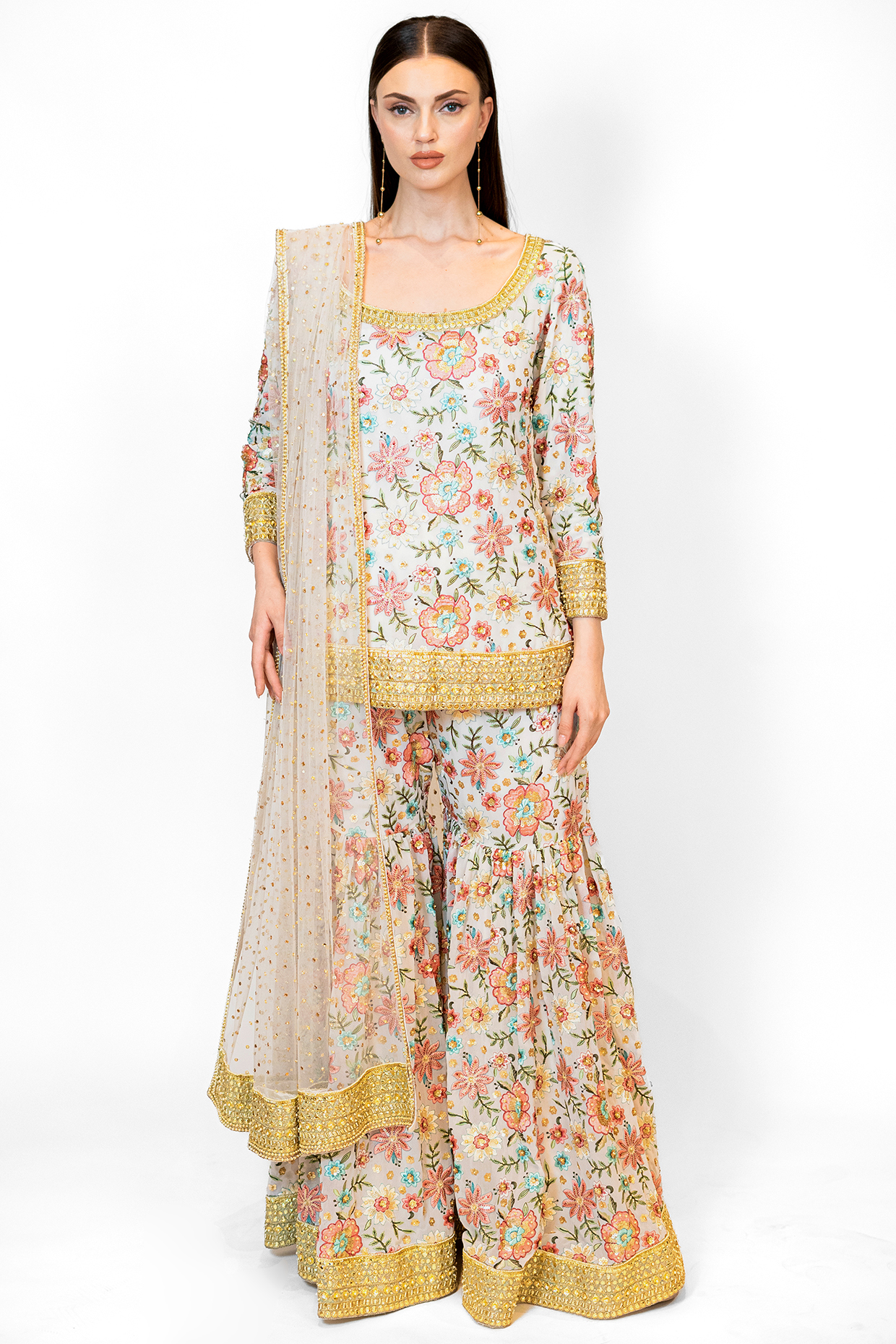 Ivory Georgette & Net Gharara Set by Rabani & Rakha at Pernia's Pop Up Shop