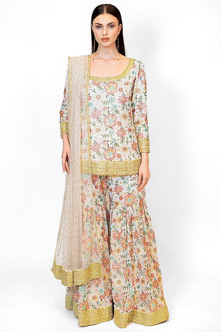 Ivory Georgette & Net Gharara Set by Rabani & Rakha at Pernia's Pop Up Shop