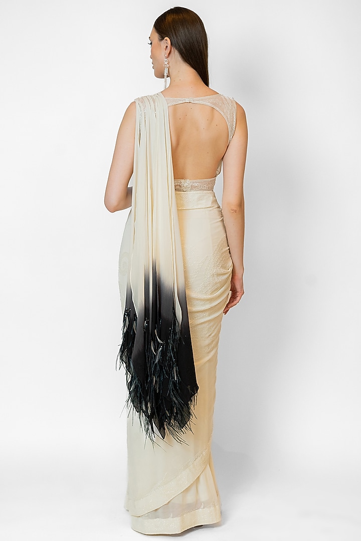 Ivory Georgette Hand Embroidered Reception Saree Set by Rabani & Rakha at Pernia's Pop Up Shop