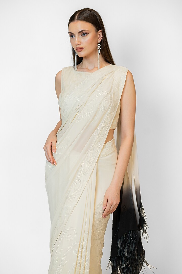 Ivory Georgette Hand Embroidered Reception Saree Set by Rabani & Rakha at Pernia's Pop Up Shop