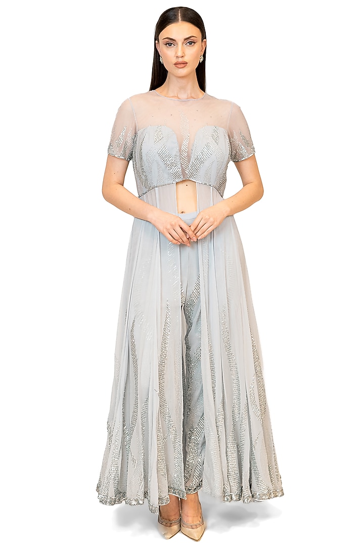 Silver Georgette Pant Set by Rabani & Rakha at Pernia's Pop Up Shop