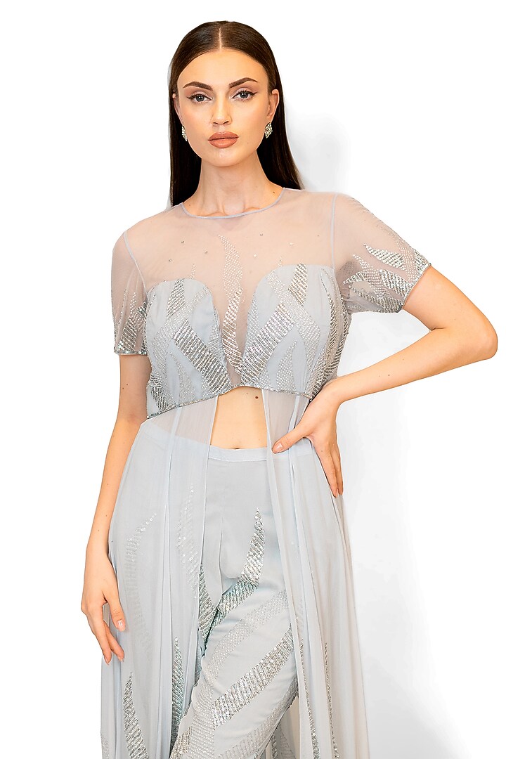 Silver Georgette Pant Set by Rabani & Rakha at Pernia's Pop Up Shop