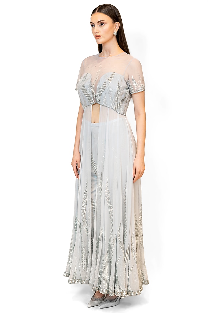 Silver Georgette Pant Set by Rabani & Rakha at Pernia's Pop Up Shop