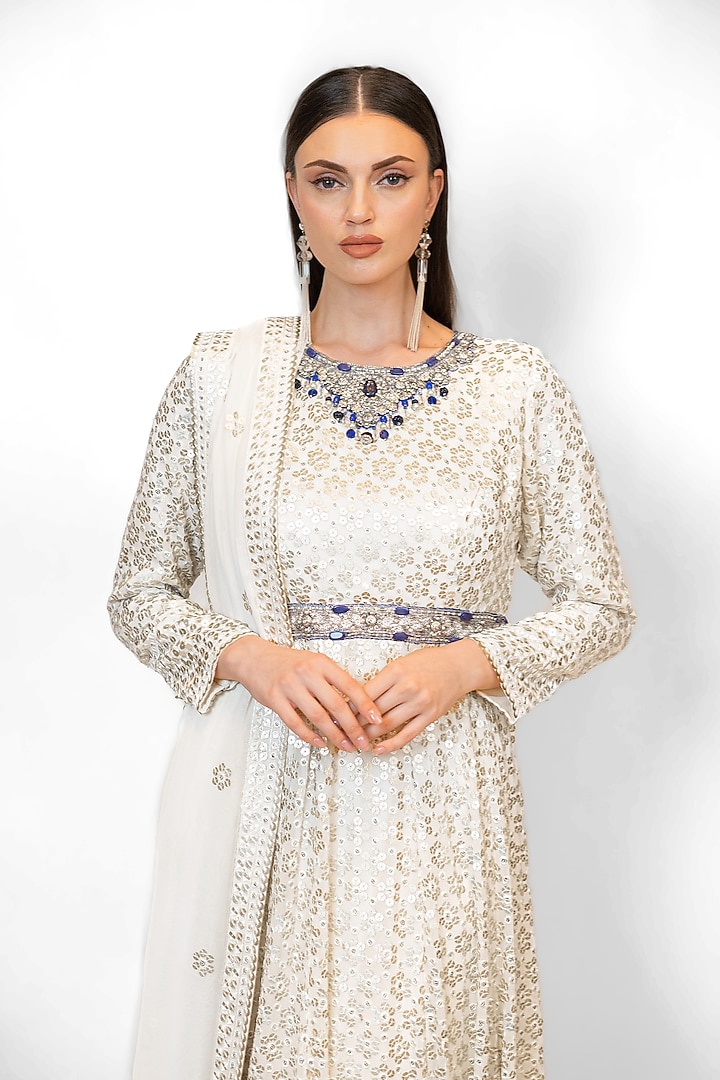 Ivory Georgette Embroidered Bridal Anarkali Set by Rabani & Rakha at Pernia's Pop Up Shop