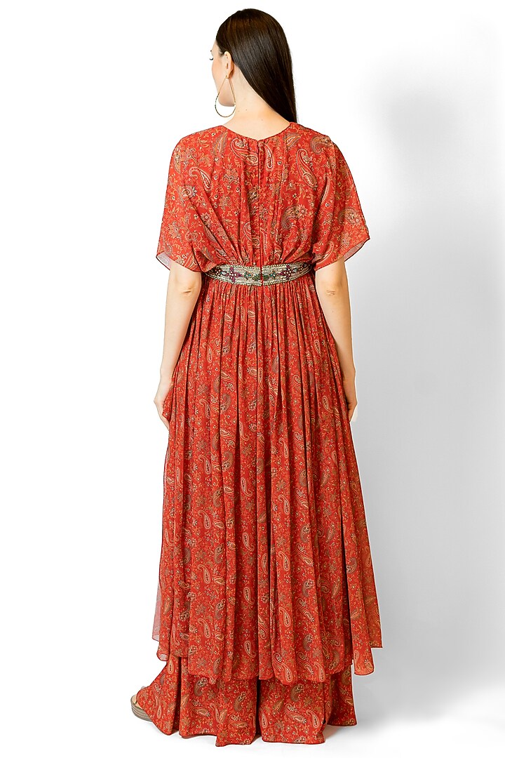 Red Georgette & Crepe Printed Cape Set by Rabani & Rakha at Pernia's Pop Up Shop