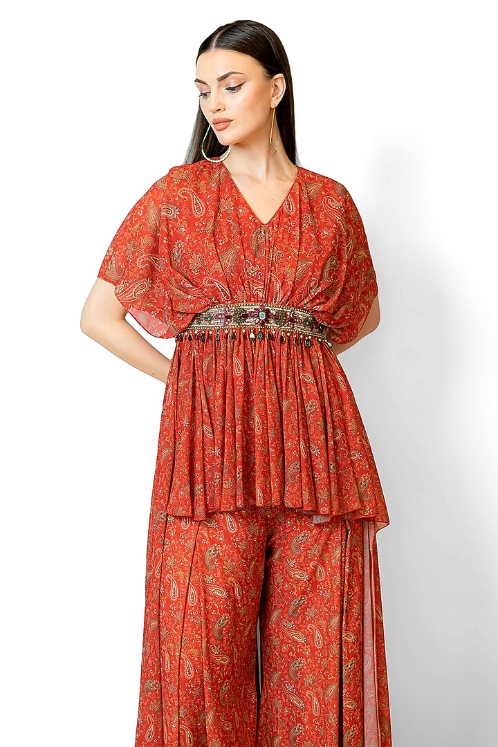 Red Georgette & Crepe Printed Cape Set by Rabani & Rakha at Pernia's Pop Up Shop