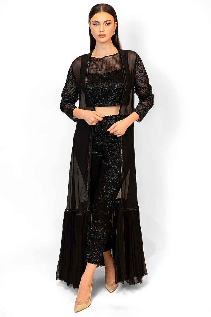 Black Chiffon & Net Embroidered Jacket Set by Rabani & Rakha at Pernia's Pop Up Shop