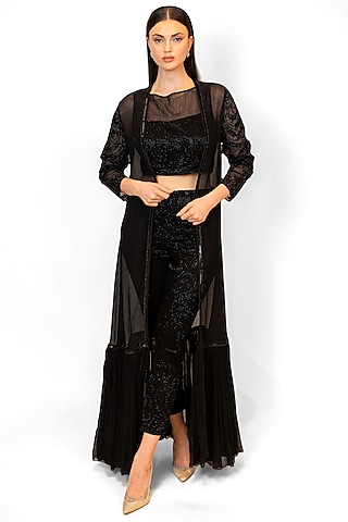 Black Chiffon & Net Embroidered Jacket Set by Rabani & Rakha