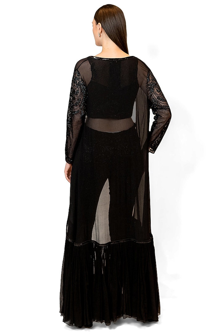 Black Chiffon & Net Embroidered Jacket Set by Rabani & Rakha at Pernia's Pop Up Shop